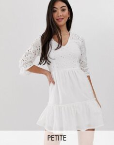 Parisian Petite wrap front white dress in broderie anglaise
