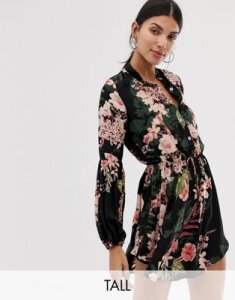 Parisian Tall collarless shirt dress in floral print-Black