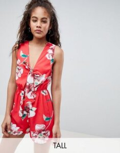 Parisian Tall Floral Romper With Ruffle Shoulder And Bow Tie-Red