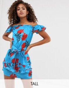Parisian Tall off shoulder dress with sleeve detail in floral print-Blue
