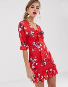 Parisian tie front skater dress in red floral