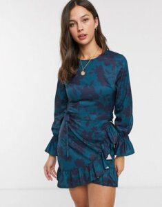 Parisian wrap front dress in inky floral print-Blue