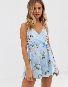 Parisian wrap front romper with tie waist in tropical floral print-Multi
