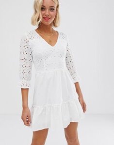 Parisian wrap front white dress in broderie anglaise