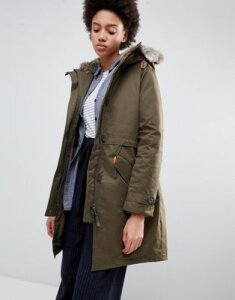 Parka London Lucinda Parka Coat with Faur Fur Trim Hood-Green