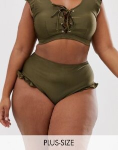 Peek & Beau Curve Exclusive high waist bikini bottom with ruffles in dark olive-Green