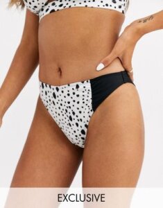 Peek & Beau Exclusive Eco high leg bikini bottom in contrast dalmatian-Multi