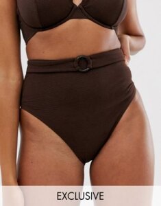 Peek & Beau Exclusive high waist bikini bottom with tort belt in coffee rib-Brown