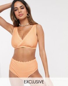 Peek & Beau Exclusive recycled polyester scallop high waist bikini bottom in orange gingham