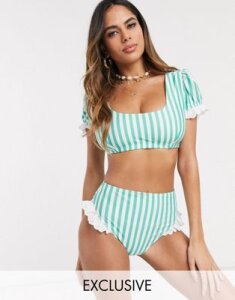 Peek & Beau Fuller Bust Exclusive recycled polyester t-shirt bikini top with lace detail in green stripe D-F