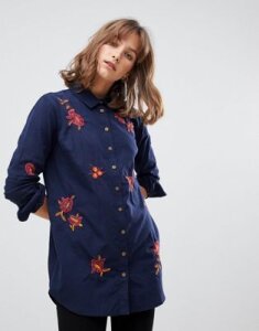 People Tree Longline Shirt With Floral Embroidery And Coconut Buttons-Navy