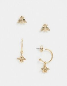 Pieces 2 pack earrings with bee studs and hoops-Gold