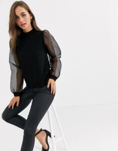 Pieces high neck top with sheer volume sleeves-Black
