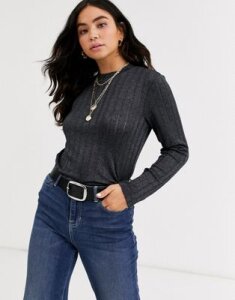 Pieces long sleeve ribbed knitted top-Black