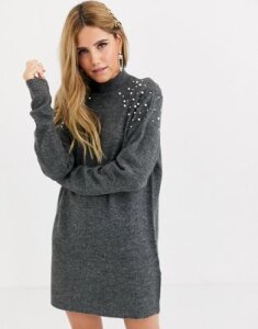 Pieces longline knitted sweater with pearl embelishment-Gray