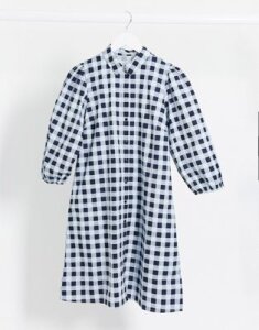 Pieces smock shirt dress with puff sleeves in blue gingham check-Multi