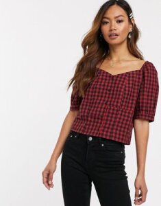 Pieces square neck gingham crop top-Red