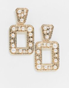 Pieces statement drop earrings with pearl detail in gold