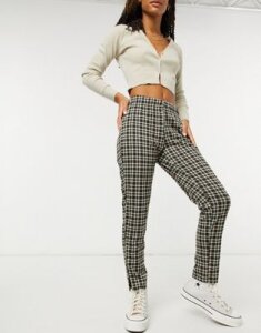 Pieces straight leg pants in black check-Multi