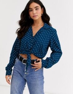 Pieces tie front long sleeve polka dot blouse-Blue
