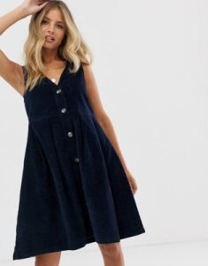 Pieces v neck button front cord pinny dress-Navy
