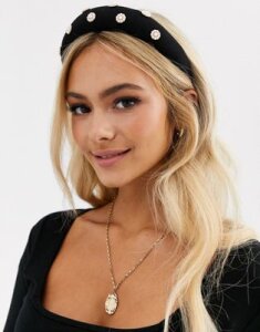 Pieces velvet and pearl flower hairband-Black