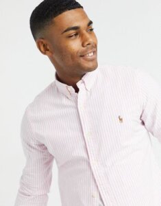 Polo Ralph Lauren multi player logo stripe oxford shirt slim fit buttondown in pink/white