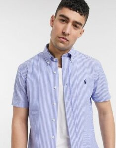 Polo Ralph Lauren stripe short sleeve seersucker shirt custom regular fit buttondown player logo in blue