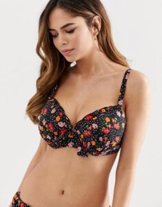 Pour Moi Fuller Bust Hot Spots ditsy padded underwired bikini top in black multi