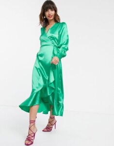 Pretty Lavish midi wrap dress in luxe satin-Green