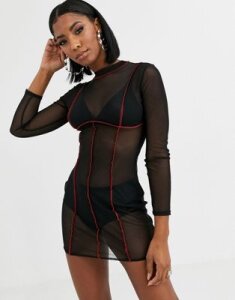 Public Desire bodycon mini dress with contrast overlocking in mesh-Black