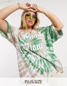 Public Desire Curve oversized t-shirt with miami graphic in tie dye-Brown