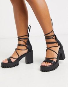 Public Desire Roxanne ankle tie cleated platform block heel sandal in black