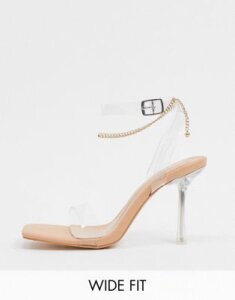 Public Desire Wide Fit April heeled sandal with anklet in beige