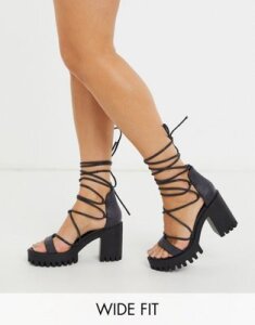 Public Desire Wide Fit Roxanne ankle tie cleated platform block heel sandal in black