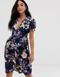 QED London collared midi dress in navy floral