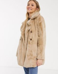 QED London double breasted faux fur coat in biscuit-Beige