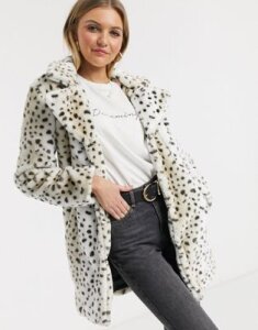 QED London double breasted faux fur coat in dalmation print-Multi