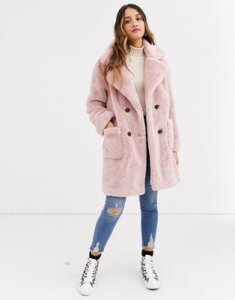 QED London double breasted teddy coat in pink
