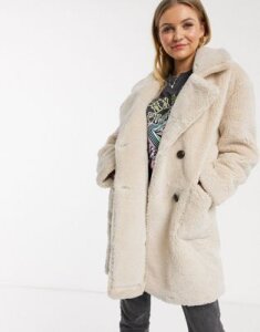 QED London double breasted teddy coat in stone