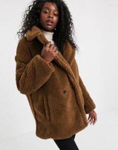 QED London double breasted teddy coat-Tan