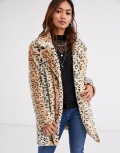 QED London faux fur coat in leopard print-Multi