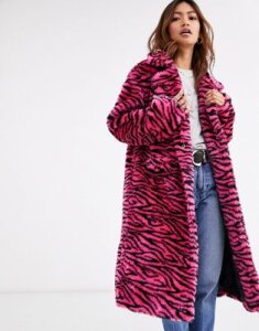 QED London faux fur coat in pink tiger print