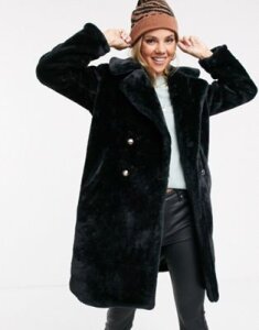 QED London faux fur midi coat with double button detail-Black