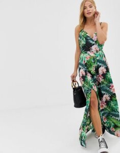 QED London floral print wrap front maxi dress-Multi