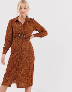 QED London shirt dress with buckle in abstract print-Brown