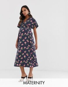 Queen Bee Maternity fluted sleeve midi dress in floral print-Multi