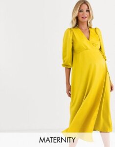 Queen Bee Maternity satin wrap front bell sleeve midi dress in gold-Yellow