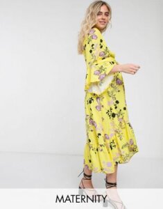 Queen Bee Maternity wrap front fluted sleeve midi dress in contrast floral-Multi