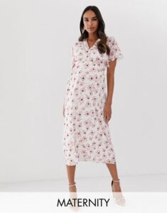 Queen Bee Maternity wrap front maxi dress in pink floral print-Multi